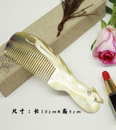 凤凰雕刻牛角梳子 - 白色